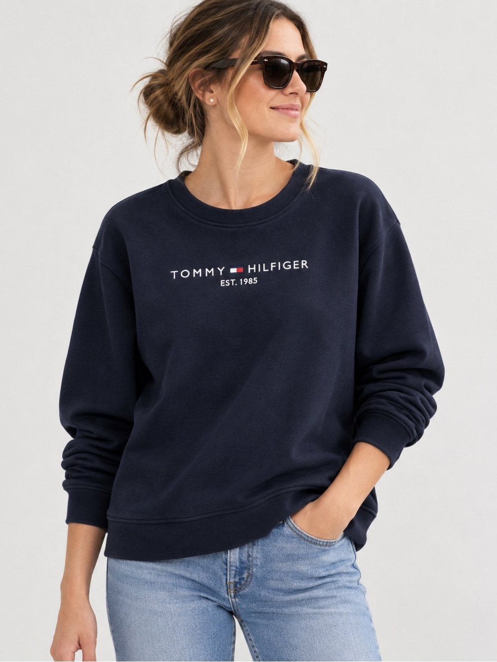 Tommy Hilfiger Navy Logo Crewneck Sweatshirt with Red & White Flag